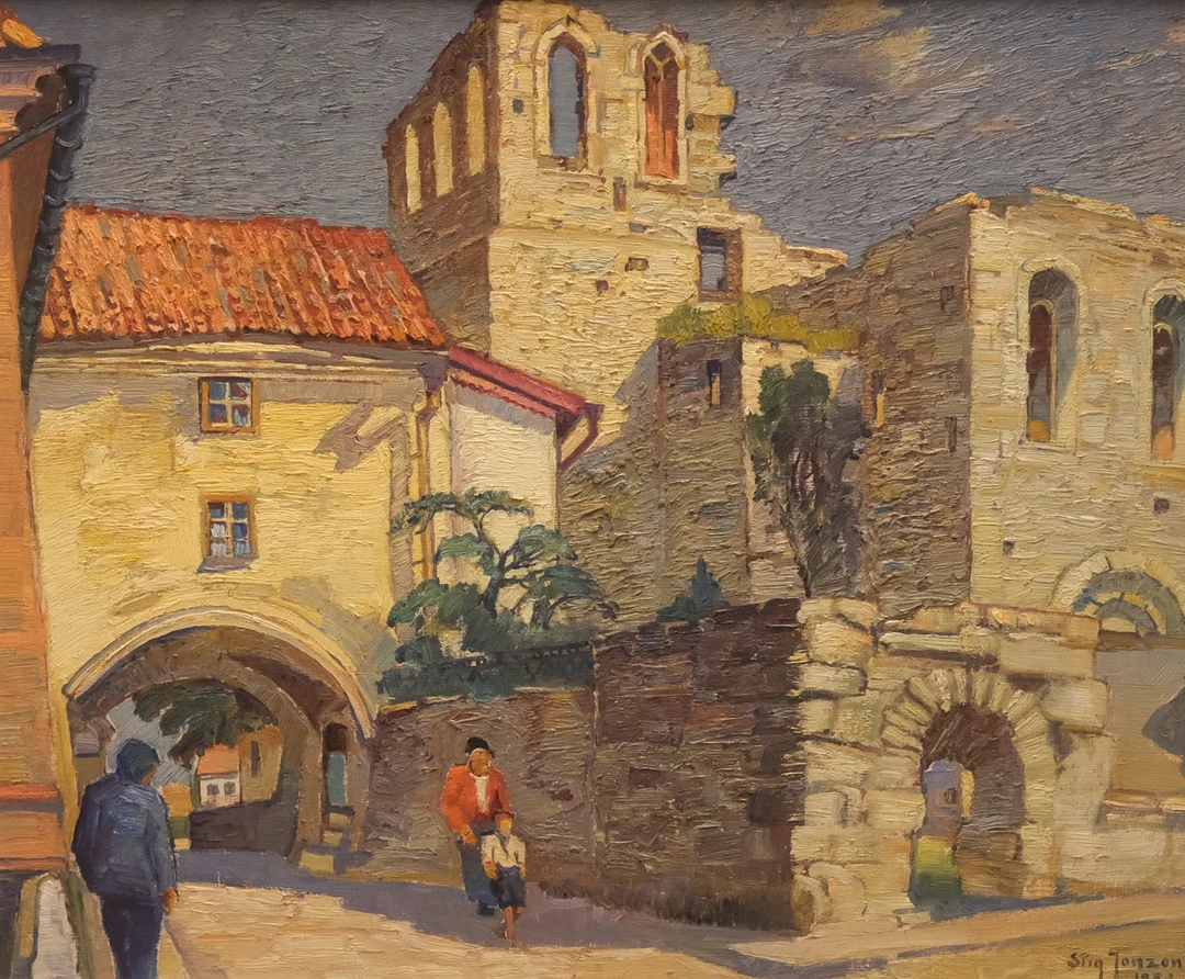 STIG JONZON. OLJA PÅ PANNÅ. S:T HANSGATAN, VISBY. — Paintings — Björnssons Auktionskammare