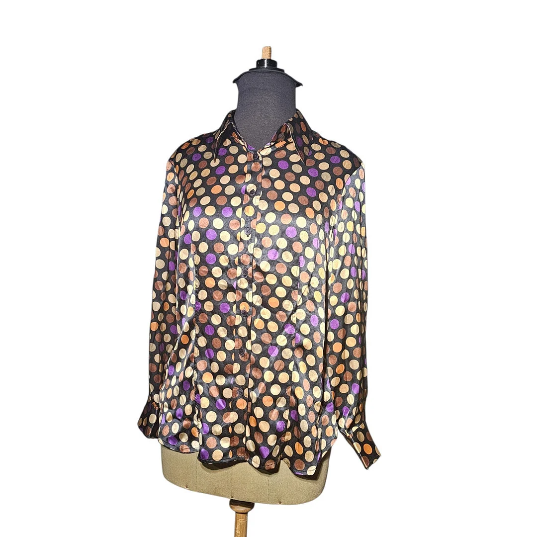 JAVIER SIMORRA. Camisa de seda con topos color violeta, marrón y beige. — Vintage & Designer Fashion — Arce Auctions
