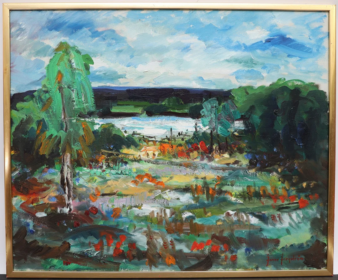 "Strandängen" oljemålning på duk, signerad. — Paintings — Falun Auktionsbyrå
