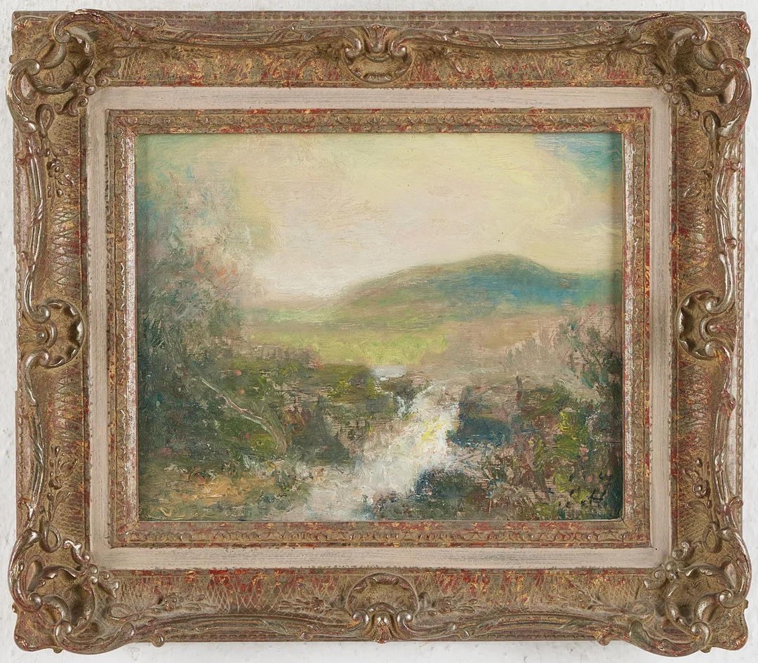OIDENTIFIERAD KONSTNÄR. Landskap, 1900-tal, olja på pannå, sign OH. — Paintings — Stockholms Auktionsverk Magasin 5