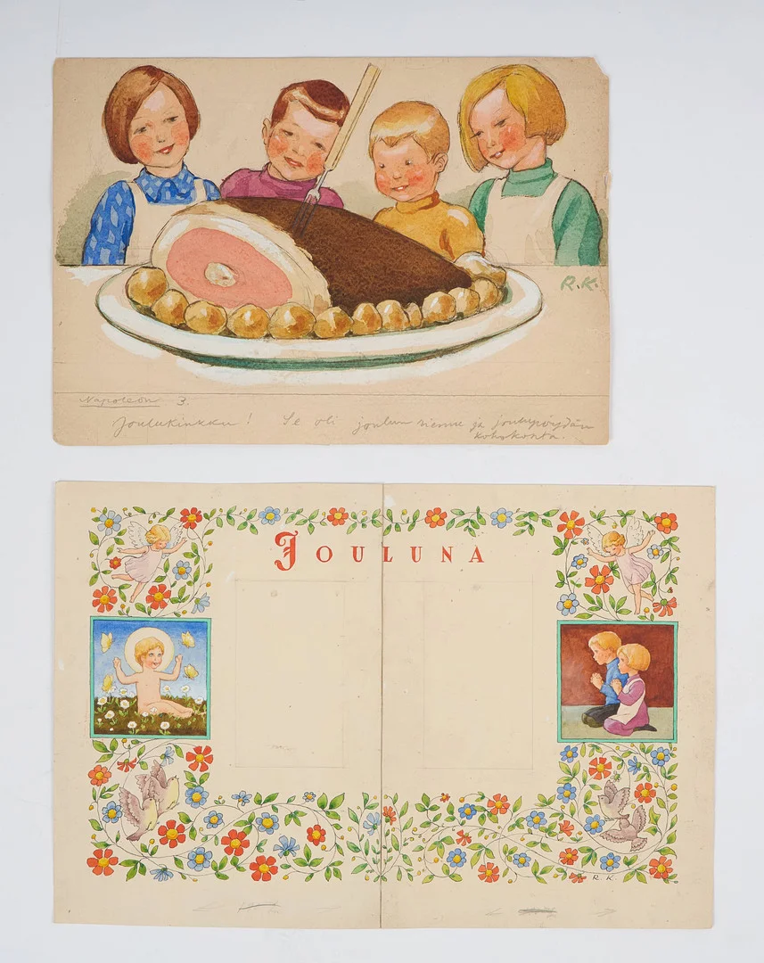 RUDOLF KOIVU (1890-1946). Illustration för tidskrifts jultema, 2 st, signerade, blandteknik med akvarell och penna. — Paintings — Stockholms Auktionsverk Helsinki