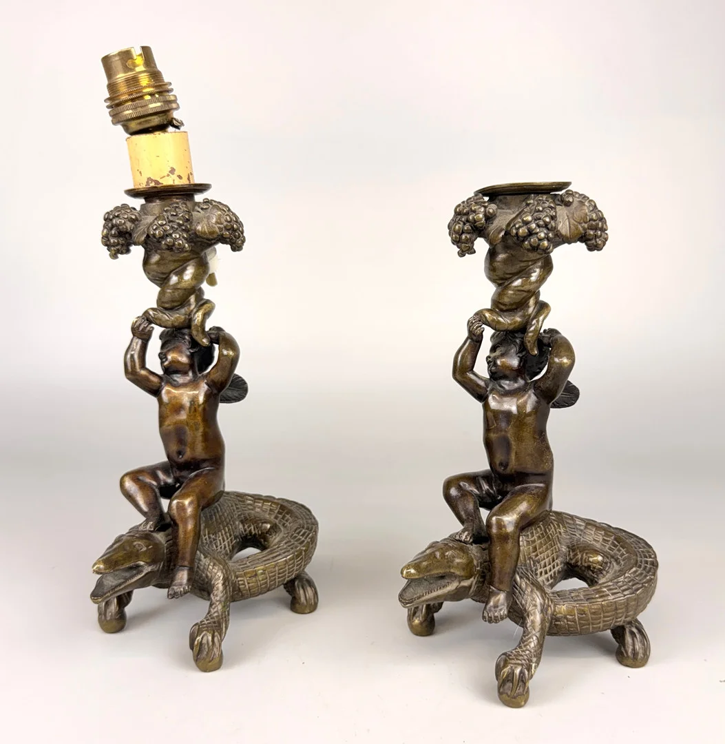 BRONZE CANDLESTICK & TABLE LAMP. — Sculptures & Bronzes — Chalkwell Auctions