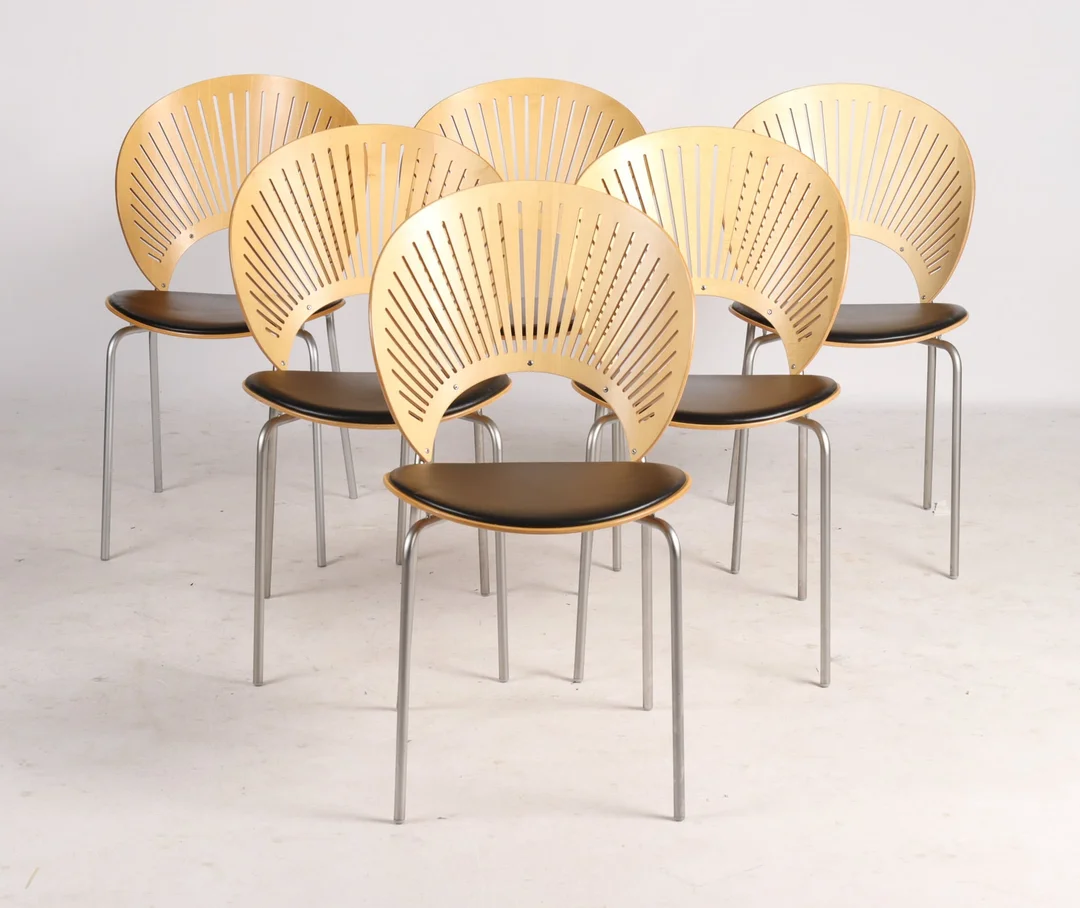 Nanna Ditzel for Fredericia Furniture. 'Trinidad', set of six chairs, black leather. (6) — Furniture/Chairs — Lauritz