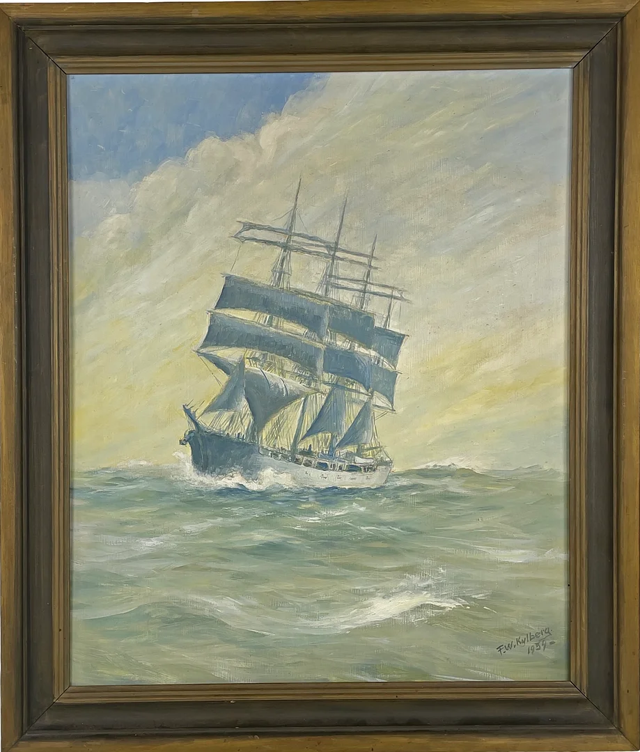 FREDRIK WILHELM KYLBERG. Skeppsmotiv, olja på pannå, signerad & daterad F.W. Kylberg 1959. — Paintings — Roslagens Auktionsverk
