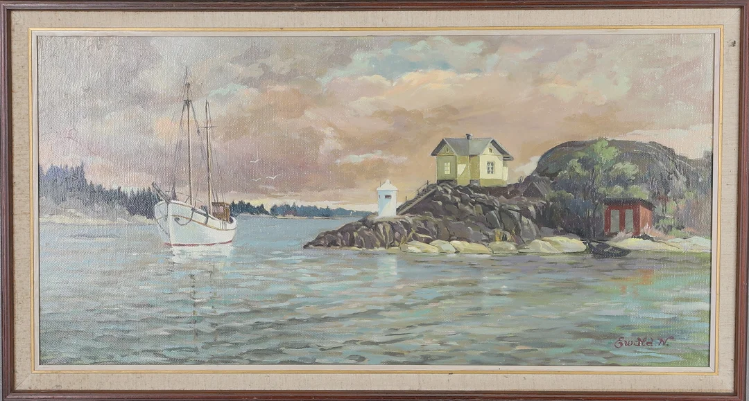 OIDENTIFIERAD KONSTNÄR, olja på duk, utsikt över vattnet, signerad Ewald N. — Paintings — Gomér & Andersson Norrköping