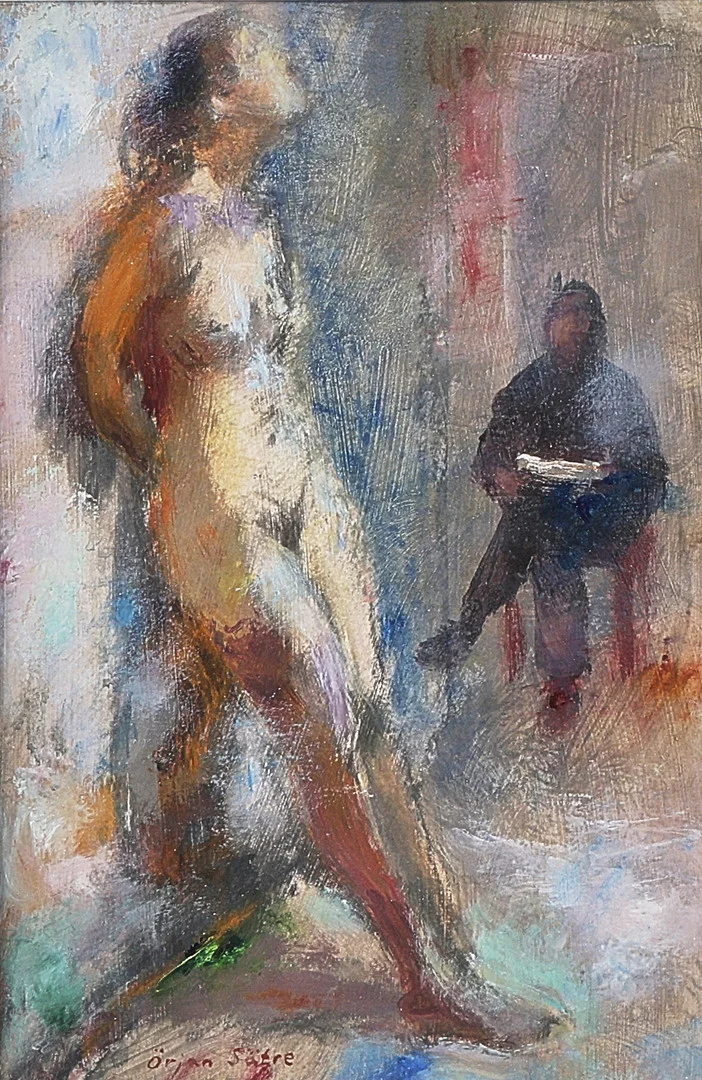 ÖRJAN SÄTRE. Blandteknik, signerad, "Konstnär och modell". — Paintings — Metropol Auktioner