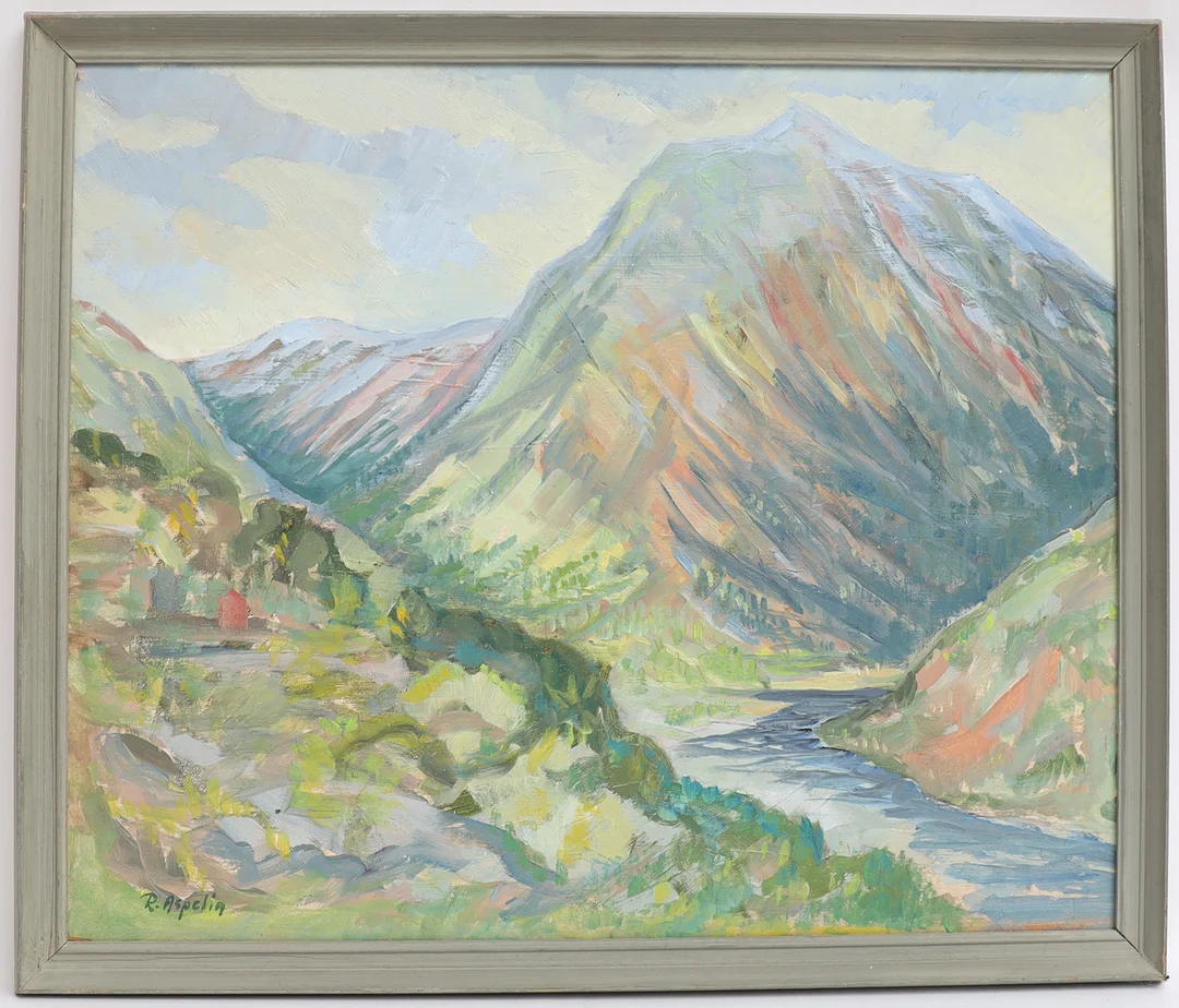 RAGNVALD ASPELIN. Bergslandskap, oljemålning på pannå, signerad. — Paintings — Falun Auktionsbyrå