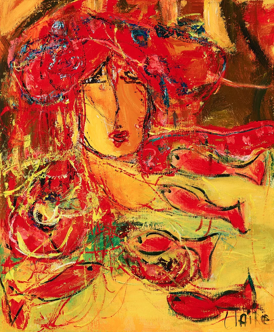 BIRTE CLAIRE HØJBJERG F. 1942. Komposition 'The Goldfishes', olie på lærred, signeret og dateret 2000. — Paintings — Palsgaard Kunstauktioner