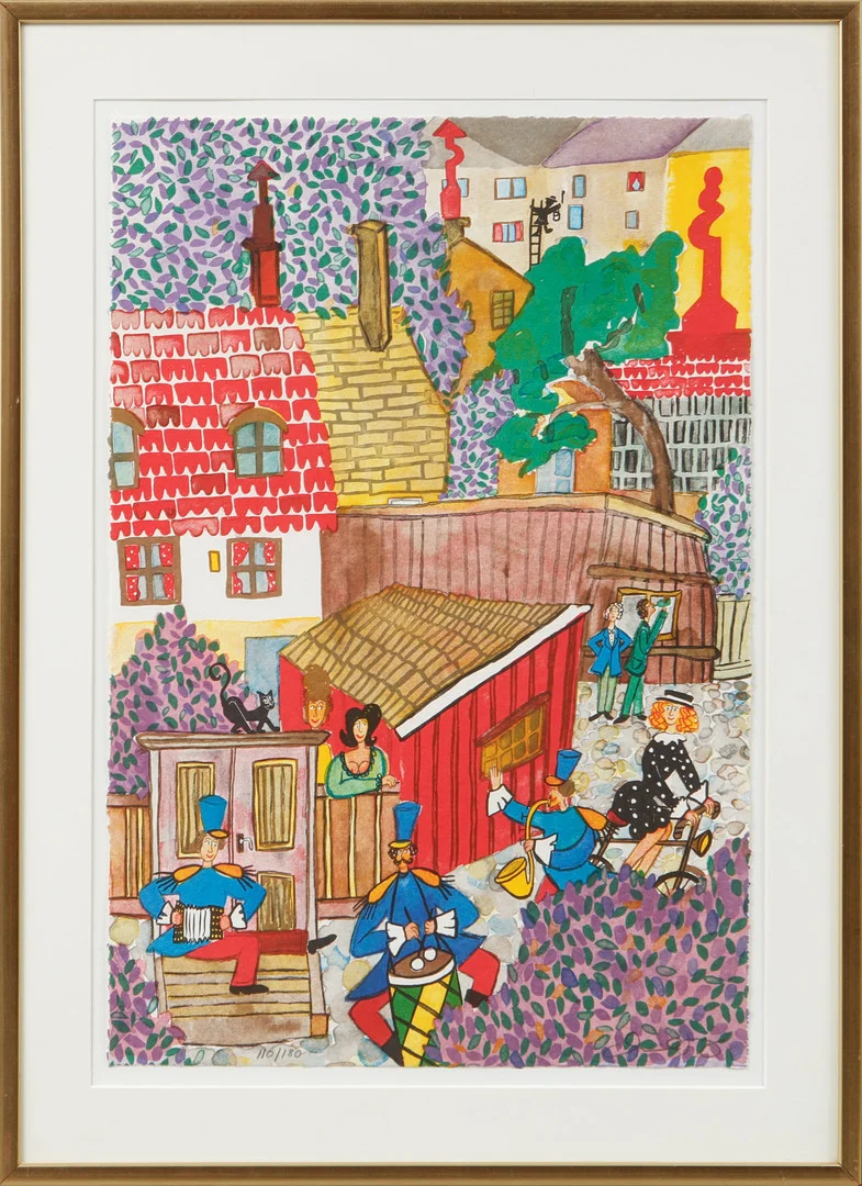 MARIKA LANG. Gårdsscen med figurer, färglitografi, signerad och numrerad 110/180. — Engravings & Prints — Göteborgs Auktionsverk