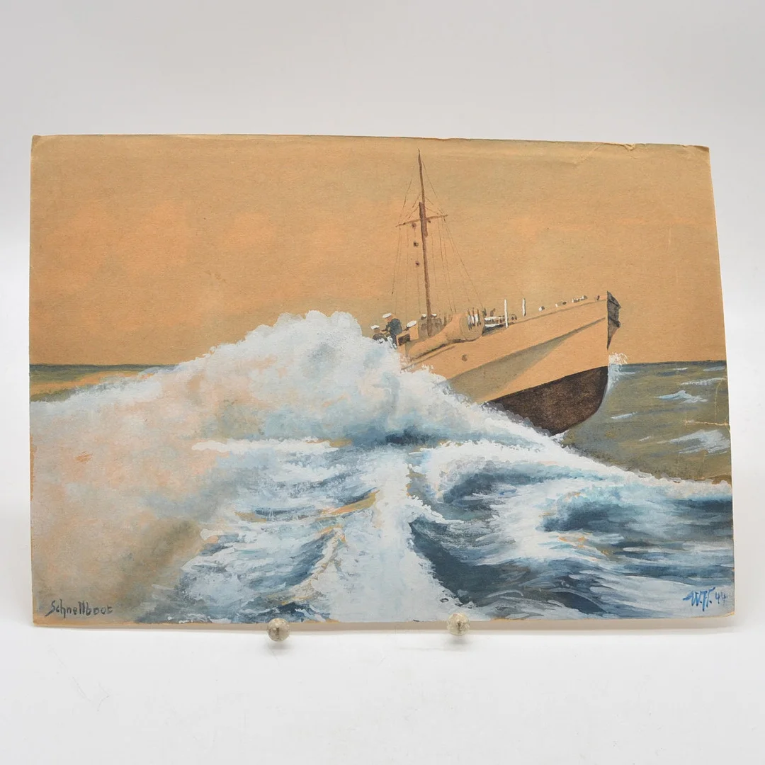 SCHNELLBOOT - KRIEGSSCHIFF DER DEUTSCHEN MARINE IM ZWEITEN WELTKRIEG, AQUARELL AUF PAPIER, "W.H." MONOGRAMMIERT, 1944. — Paintings — Kunst- und Auktionshaus Kleinhenz
