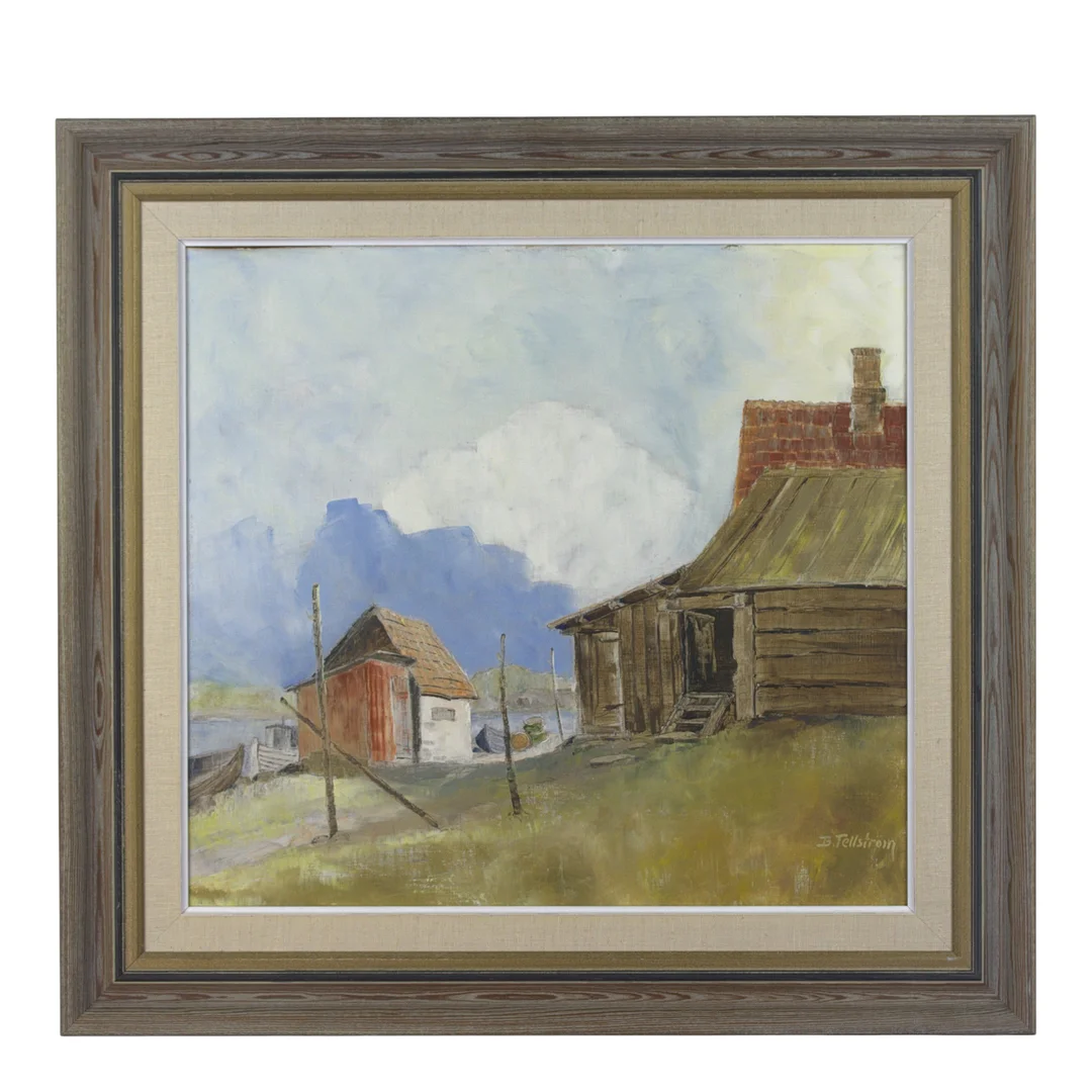 BROR TELLSTRÖM. Olja på pannå, båthus, hus och båtar, signerad. — Paintings — Höganäs Auktionsverk