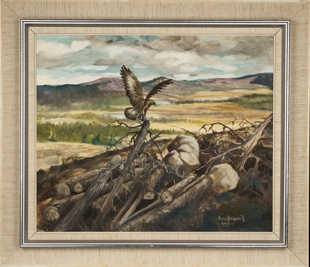 SUNE LINDGREN. Olja på duk, "Kungsörn", Signerad, 1976. — Paintings — Norrlands Auktionsverk