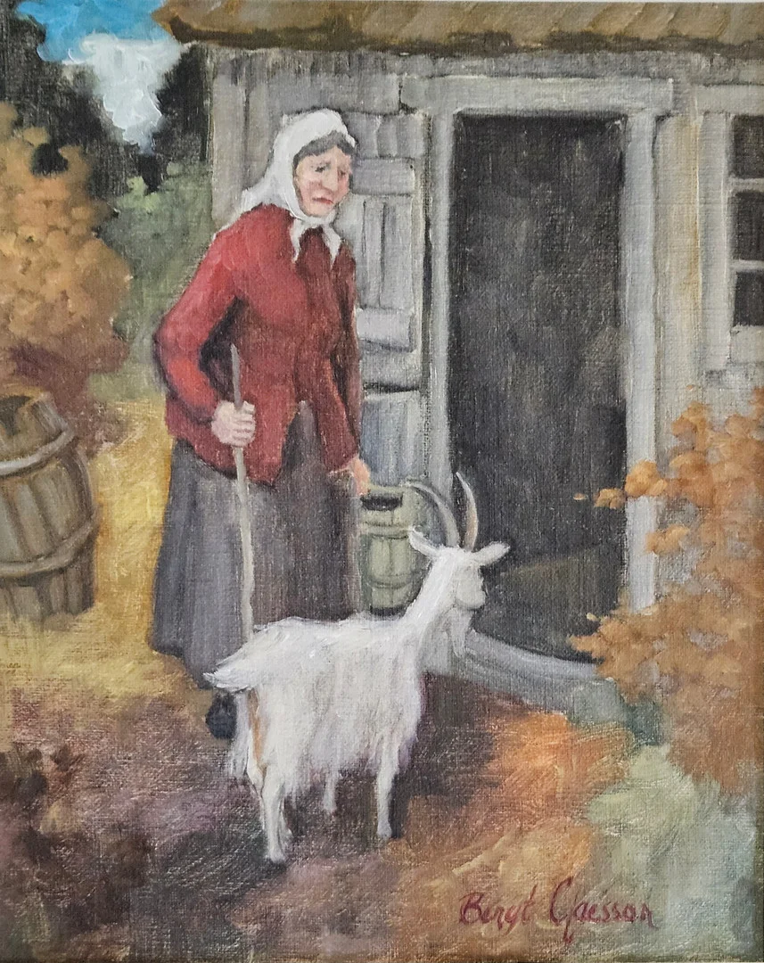 BENGT CLAÉSSON. "Gumma med sin vita get". Olja på duk, signerad Bengt Claésson och daterad a tergo 1977. — Paintings — Auktionshuset Thörner & Ek