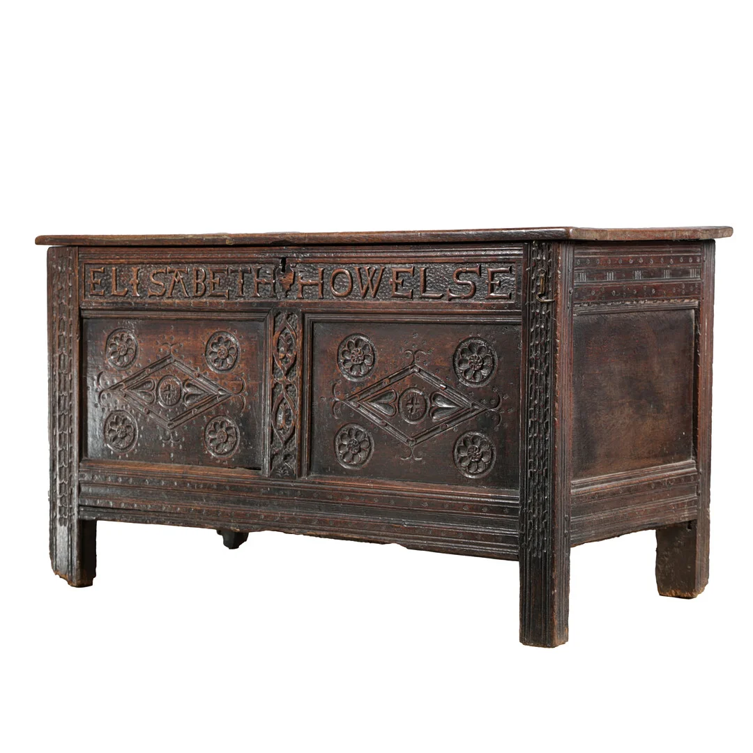 A GOOD NAMED 17TH CENTURY CARVED OAK COFFER. — Cupboards, Cabinets & Shelves — Bishop & Miller