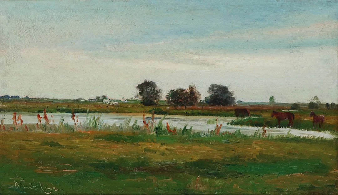NIELS CHRISTIANSEN (1873-1960). Dansk sommerlandskab med græssende køer og heste, olie på lærred, signeret. — Paintings — Palsgaard Kunstauktioner