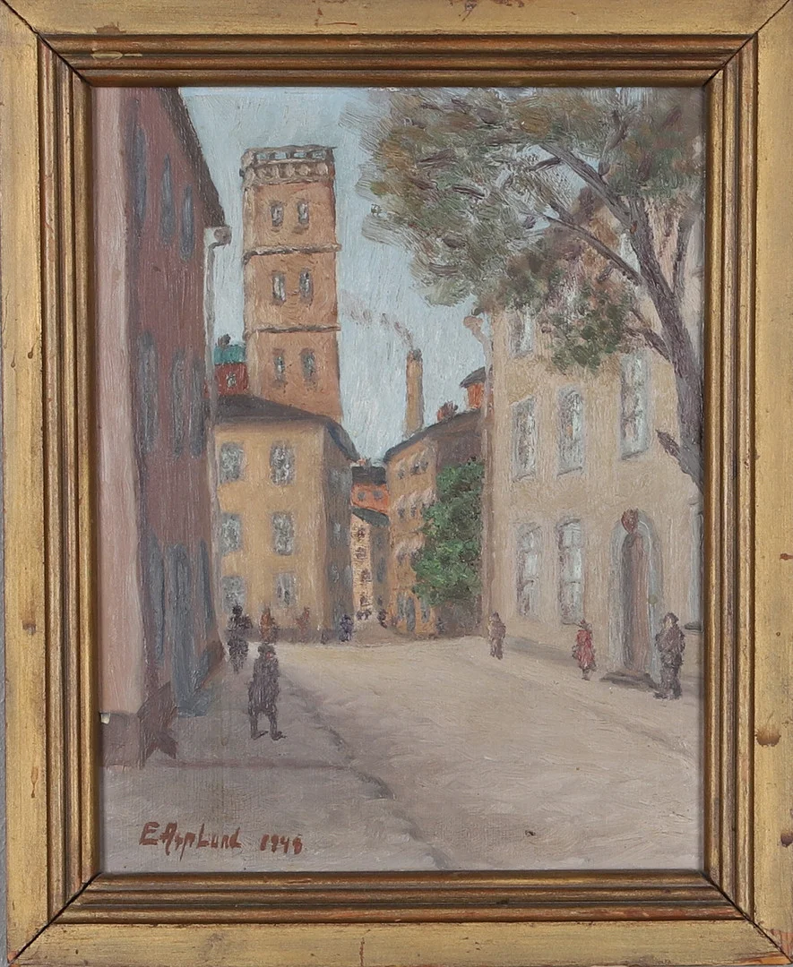 OIDENTIFIERAD KONSTNÄR. olja på pannå, signerad E. Asplund, daterad 1948. — Paintings — Gomér & Andersson Norrköping