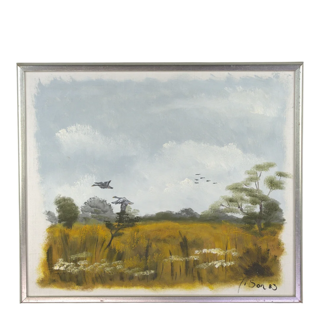 INGVAR J-SON STENDAHL. Olja på duk, höstlandskap med fåglar, signerad. — Paintings — Höganäs Auktionsverk