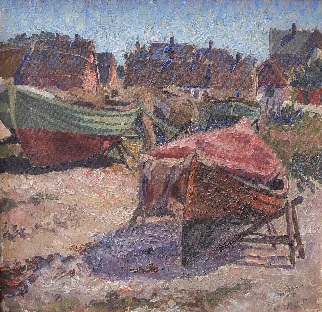 GUNNAR CHRISTENSON. olja på duk, fiskeläger med båtar signerad, daterad 1914. — Paintings — Gomér & Andersson Linköping
