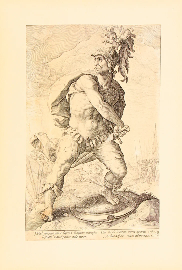 HENDRICK GOLTZIUS (1558-1617). "Titus Manlius Torquatus", ur sviten "The Roman Heroes". — Engravings & Prints — Uppsala Auktionskammare