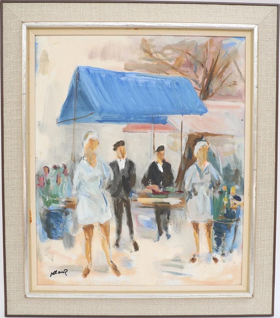 OIDENTIFIERAD KONSTNÄR. Stadsbild med figurer, oljemålning på duk, signerad. — Paintings — Falun Auktionsbyrå