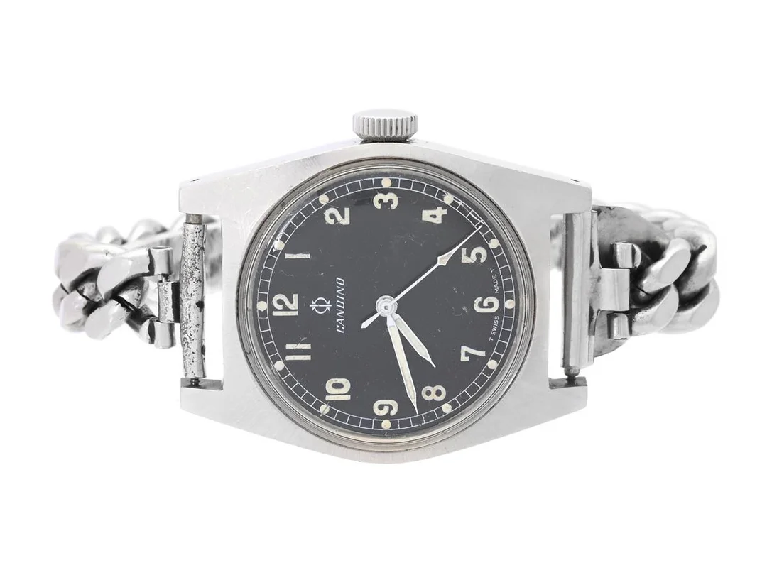 CANDINO, herrur, 35 mm, (T Swiss Made T), Cal ETA 2750, Ref nr. 10511, Boett nr. 0684, stål, manuell, plexiglas, skadad urtavla, gravyr (Tre Kronor), ca 1968, metallänk ej original. — Klockor/Candino — Kaplans