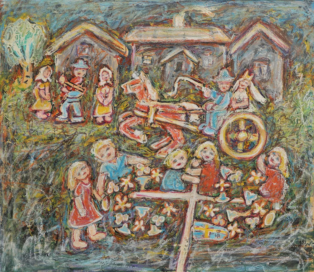 HANS ÅNGSÄTER. Blandteknik på pannå, "Bröllop på Mobacka", signerad. — Paintings — Ekenbergs Auktioner