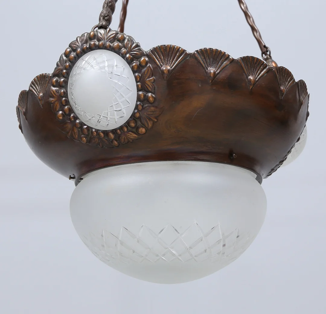 TAKLAMPA, jugend, koppar och glas, tidigt 1900 tal. — Ceiling lights — Gomér & Andersson Linköping