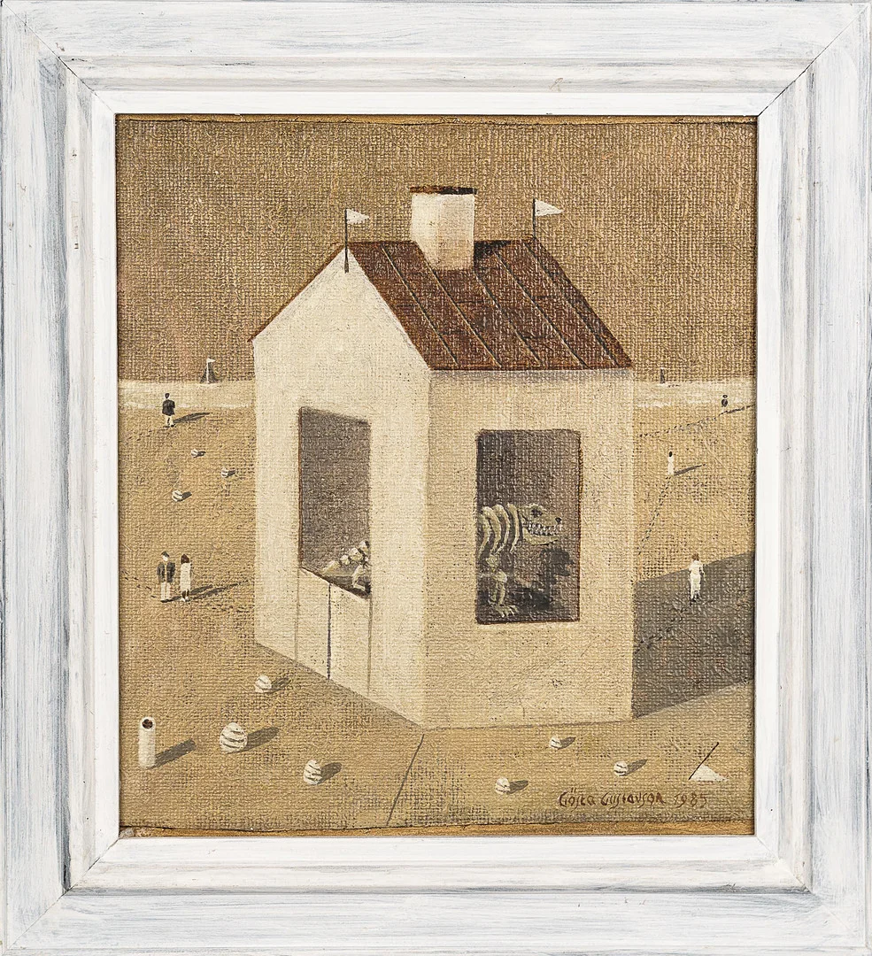 GÖSTA GUSTAVSON. Olja på pannå, "En dag på stranden", Signerad och daterad 1985. — Paintings — Norrlands Auktionsverk