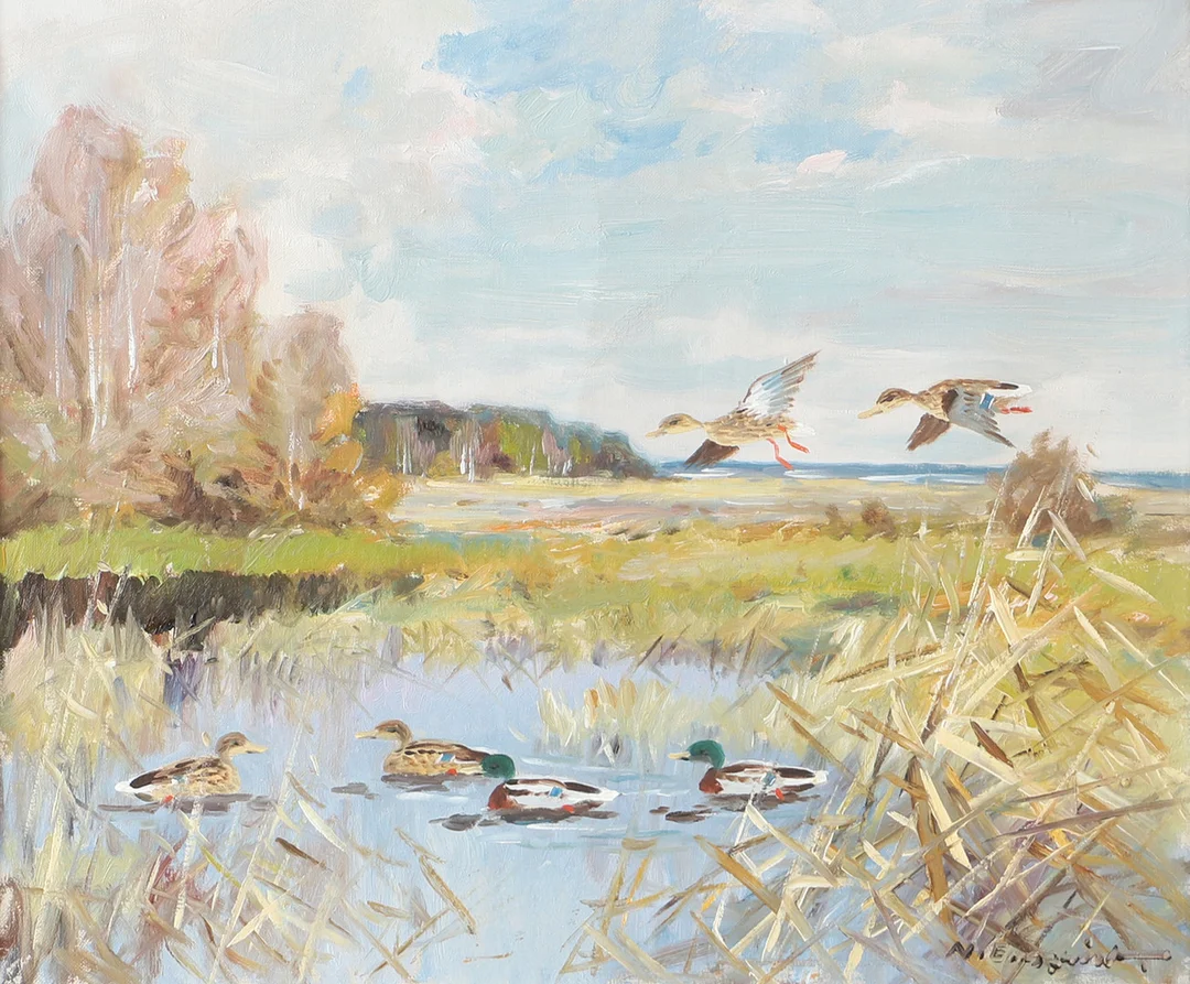 NILS ENGQUIST. "Änder i gammal vass", olja på duk, signerad N. Engquist. — Paintings — Helsingborgs Auktionskammare