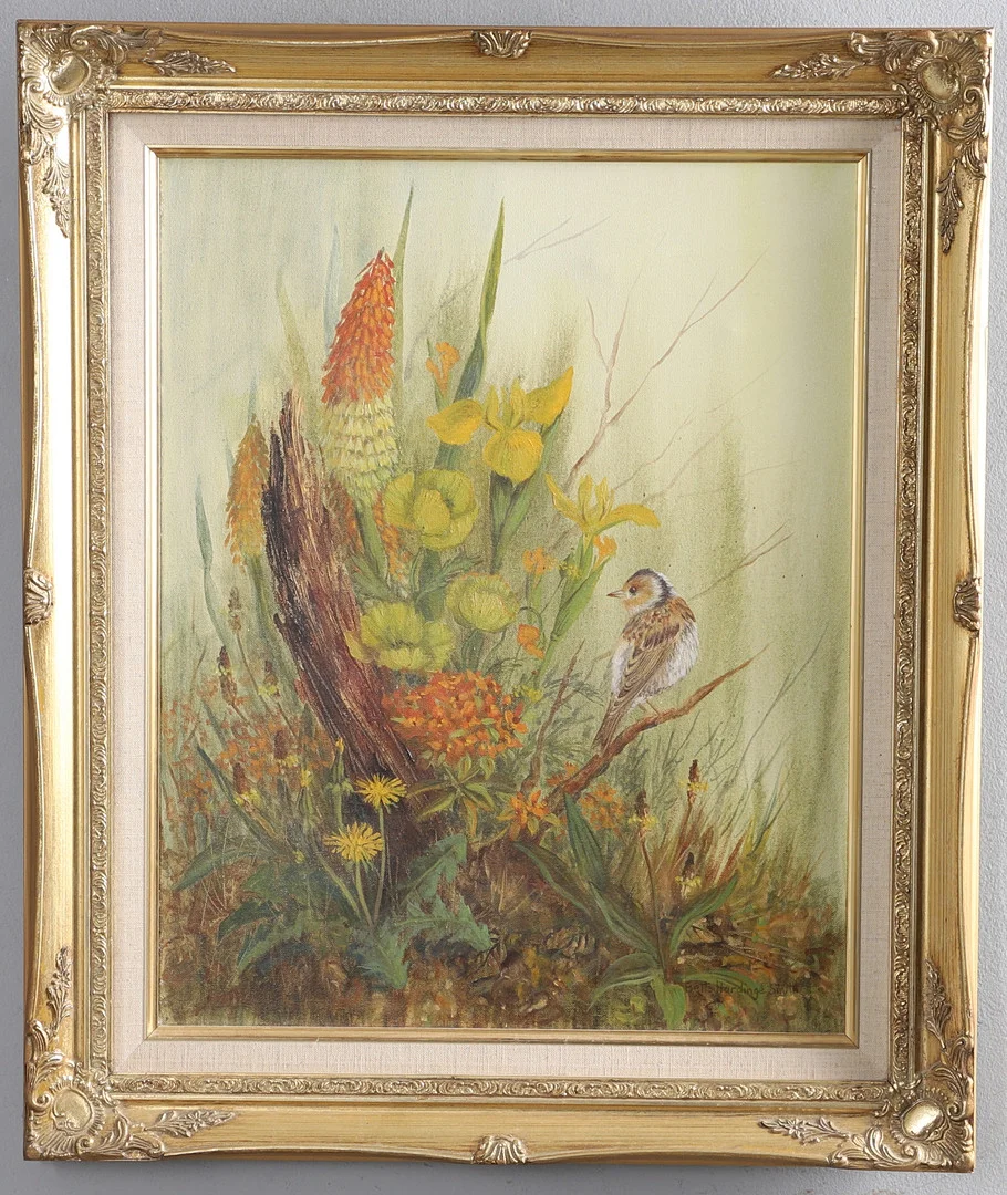 BETTE HARDINGE SMITH (20TH CENTURY) – SPARROW AMONGST WILD FLOWERS. — Paintings — Lawrences Auctioneers