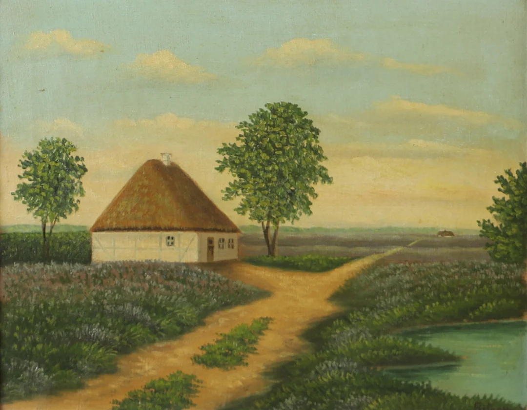 OIDENTIFIERAD KONSTNÄR. Landskap med hus, olja på duk, otydligt signerad. — Paintings — Helsingborgs Auktionskammare