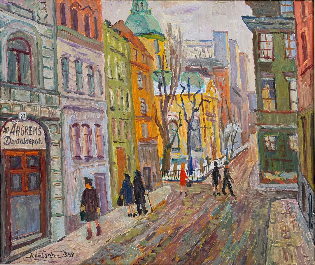 JOHN CARLSON. Vy mot Adolf Fredriks kyrka från Holländargatan 20, olja på duk, signerad samt daterad 1968. — Paintings — Auktionshuset Kolonn