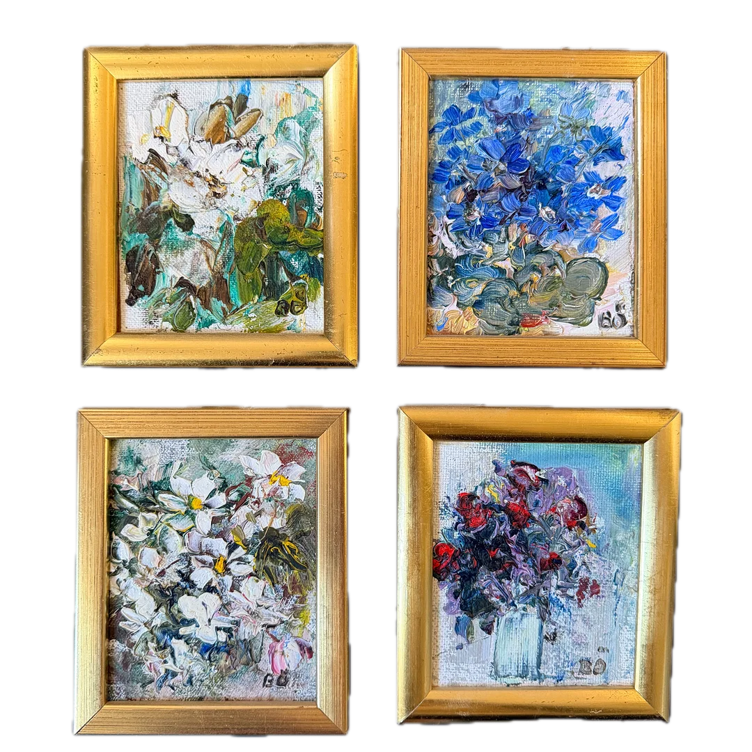 BIRGIT ÖFVERSTRÖM. Olja på Pannå. 4st. Blomstermotiv. — Paintings — Auktionshuset STO Bohuslän