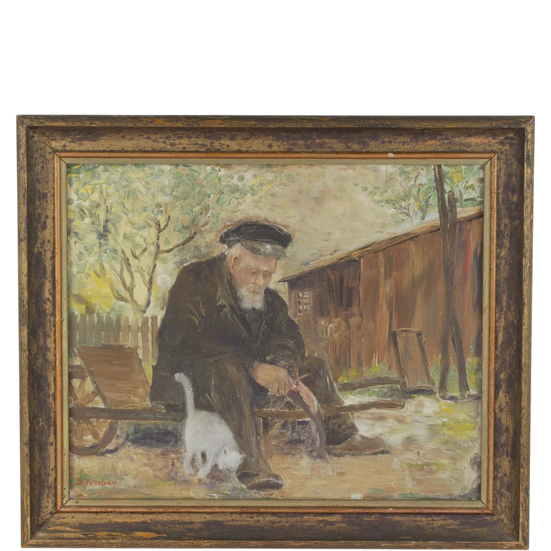 BROR TELLSTRÖM. Olja på duk, man som täljer, katt stryker sig, signerad. — Paintings — Höganäs Auktionsverk