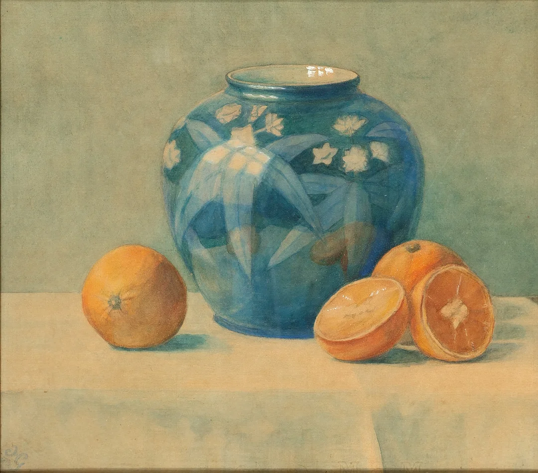 UBEKENDT KUNSTNER. Stilleben med vase og appelsiner, akvarel, signeret og dateret 1940. — Paintings — Palsgaard Kunstauktioner