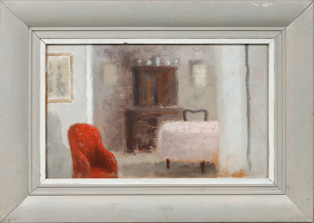 STELLAN MÖRNER. "Det röda överdraget". Olja på pappannå, signerad. — Paintings — Göteborgs Auktionsverk