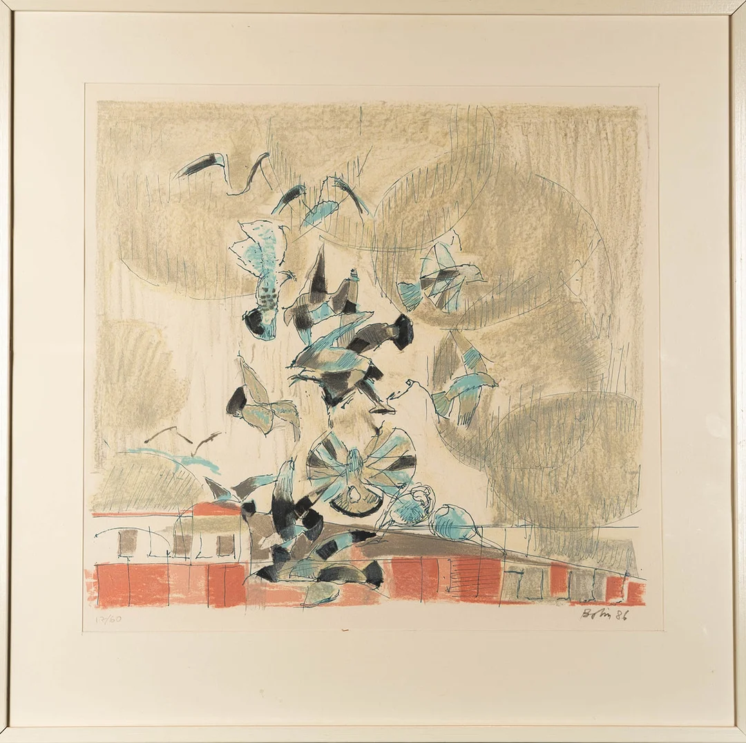 GUSTAV BROLIN. Färglitografi, "Fåglar", Signerad, daterad 1986 och numrerad 17/60. — Engravings & Prints — Norrlands Auktionsverk