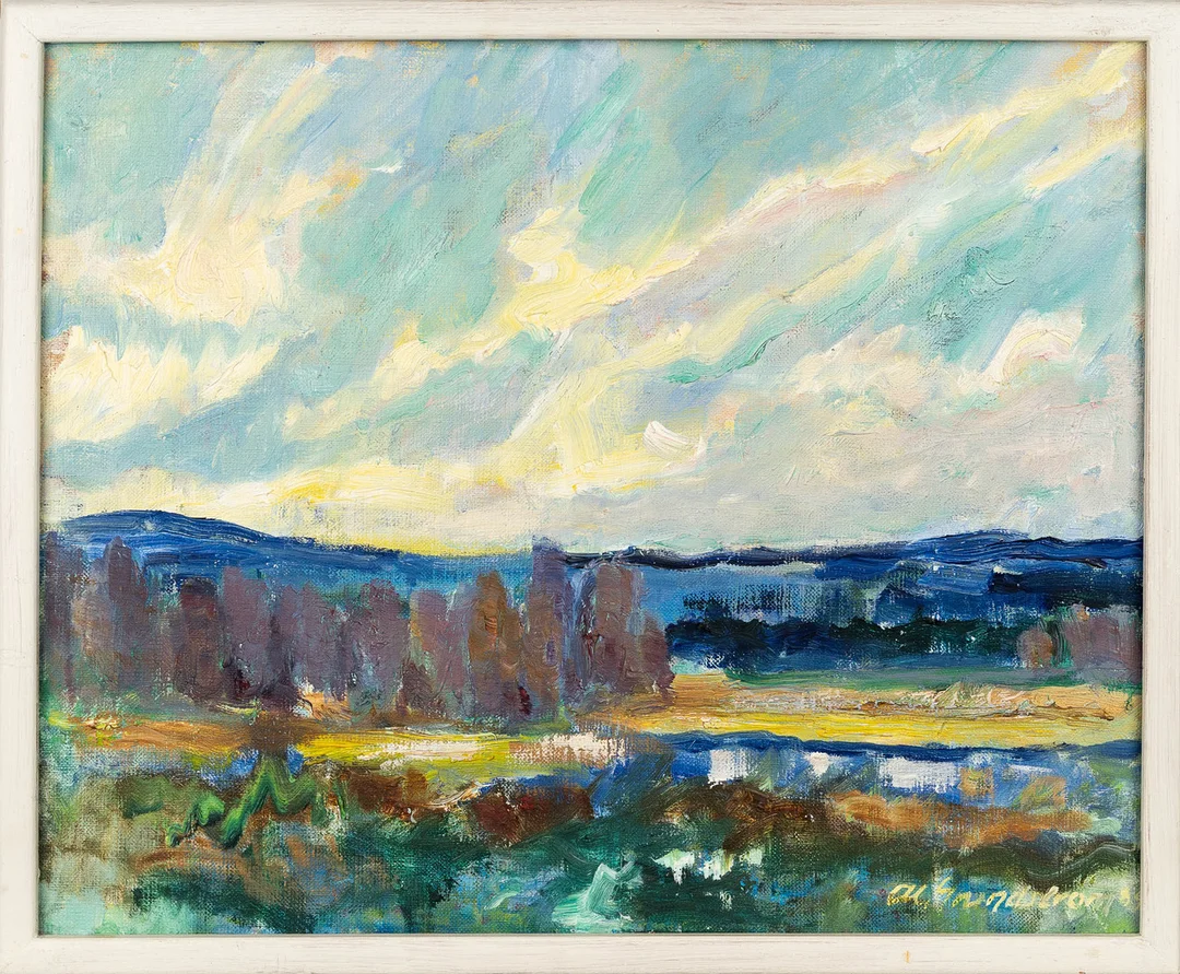 ANNA-LISA GRUNDSTRÖM. Olja på duk, Abstrakt landskapsmotiv, Signerad. — Paintings — Norrlands Auktionsverk