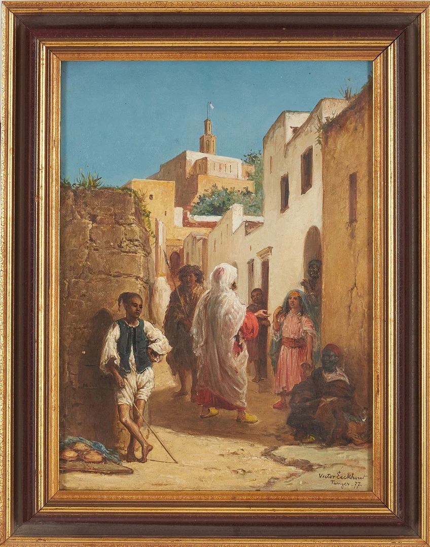 VICTOR EECKHOUT (1821-1879). Tanger Marocko, gatumotiv, olja på duk, signerad daterad -77. — Paintings — Stockholms Auktionsverk Sickla