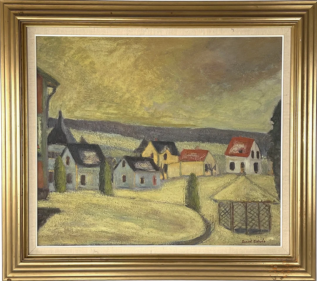 SEVED SALVÉN (1903-1982), olja på pannå, by med hus, signerad. — Paintings — Roslagens Auktionsverk