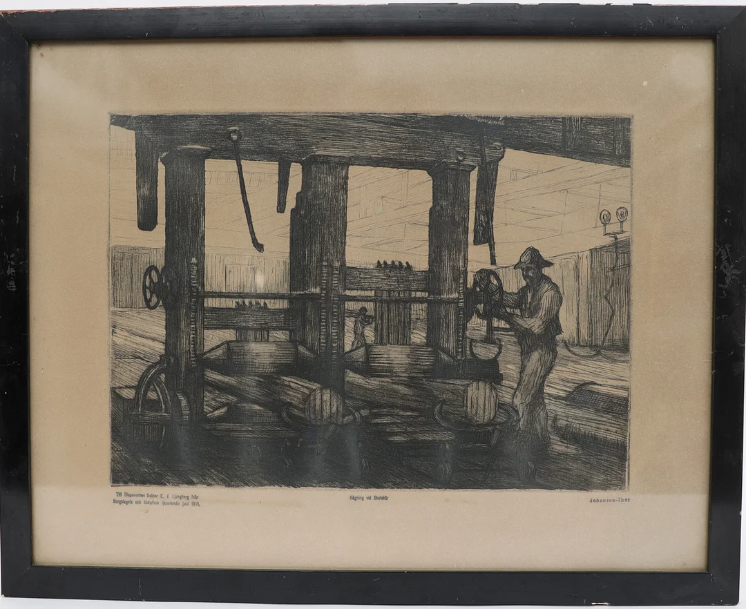 EMIL JOHANSON-THOR. "Sågning vid skutskär" etsning, signerad med dedikation. — Engravings & Prints — Falun Auktionsbyrå