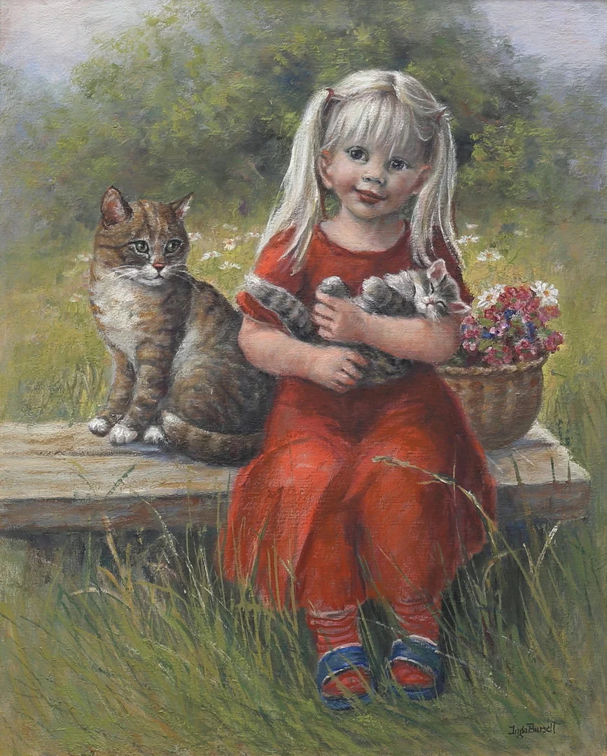 INGA BURSELL. Flicka med katt. Olja på duk, signerad. — Paintings — Auktionshuset Thelin & Johansson