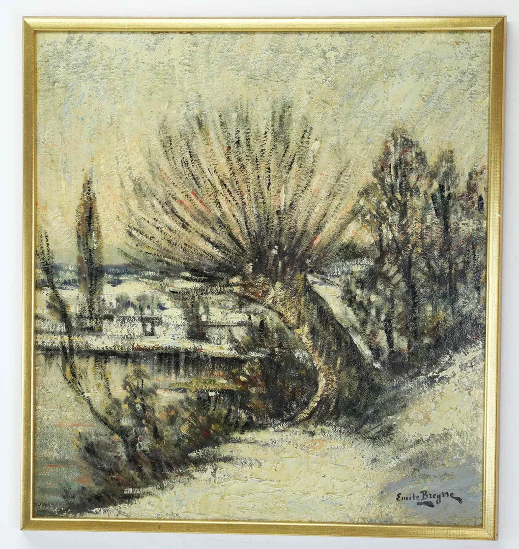 EMILE BREYNE. Olja på pannå, Träd i skymning, signerad. — Paintings — Hälsinglands Auktionsverk