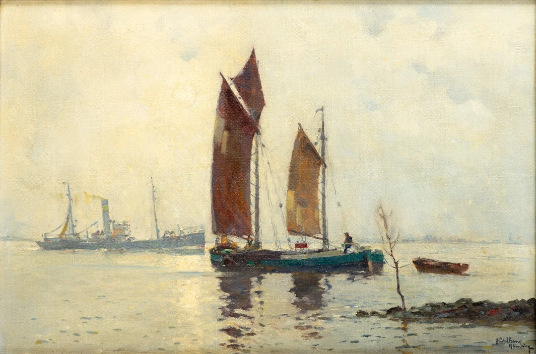 ADOLF MÜHLHAN (1886-1956). Schiffe auf der Elbe vor Hamburg. — Paintings — Stockholms Auktionsverk Hamburg
