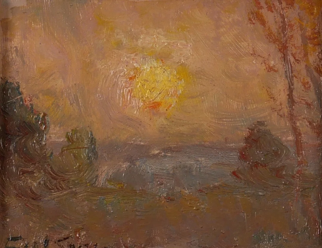 LAGE CARLSSON. Solnedgång, olja på pannå, signerad. — Paintings — Auktionsfirma Kenneth Svensson i Kalmar