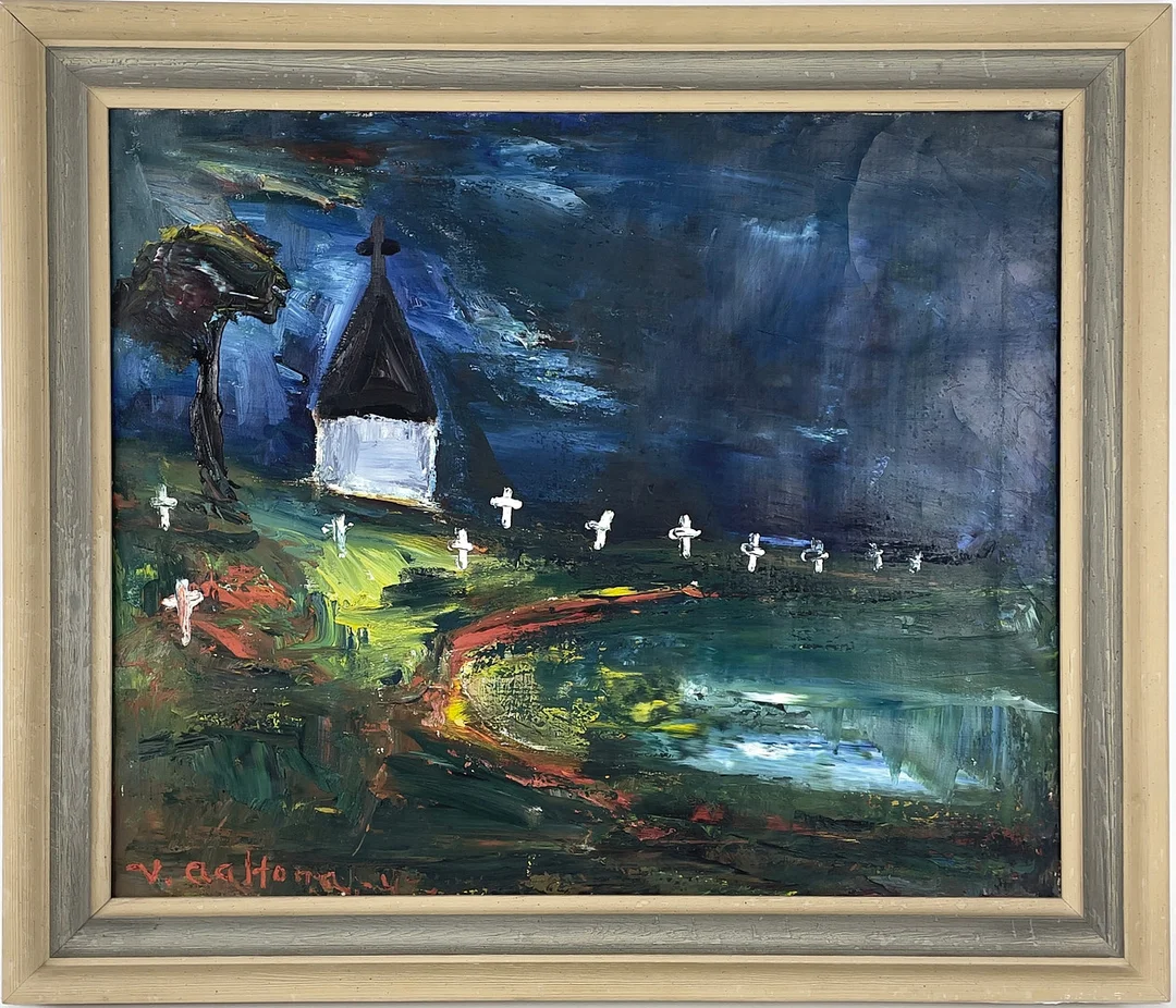 VEIKKO AALTONA. "Bönekapell i Fjärr-Karelen", olja på duk, signerad V. Aaltona & daterad -47. — Paintings — Roslagens Auktionsverk