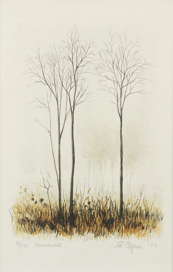 EKE BJERÉN. "Novemberträd", färglitografi, signerad E. Bjerén -83. — Engravings & Prints — Helsingborgs Auktionskammare