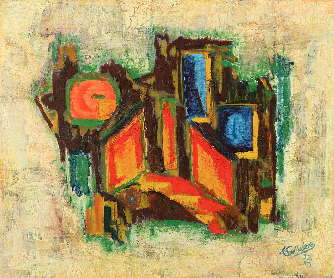 LORENTZ SØLVBERG (1932-2010). Komposition 'Bogen', olie på lærred, signeret og dateret 1973. — Paintings — Palsgaard Kunstauktioner