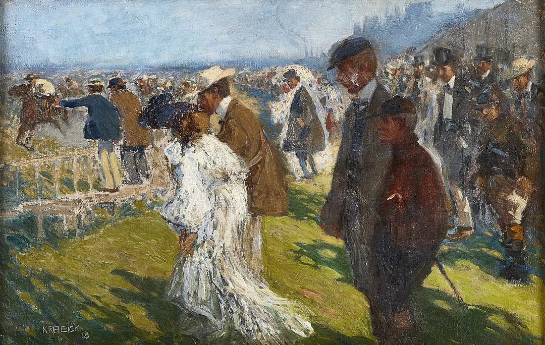 VILÉM KREIBICH. Hästkapplöpning, olja på duk, signerad och daterad Kreibich -03. — Paintings — Stockholms Auktionsverk Magasin 5