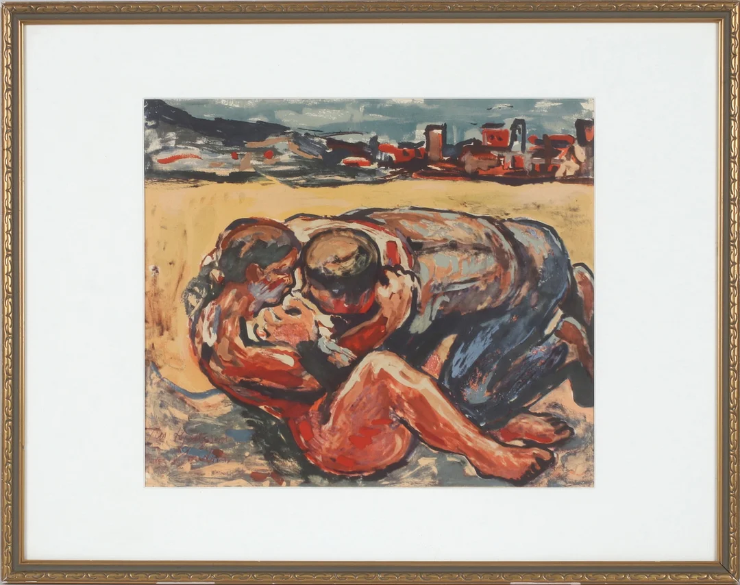 ALBIN AMELIN. "Omfamningen", offsettryck, signerad i trycket. — Engravings & Prints — Stadsauktion Sundsvall